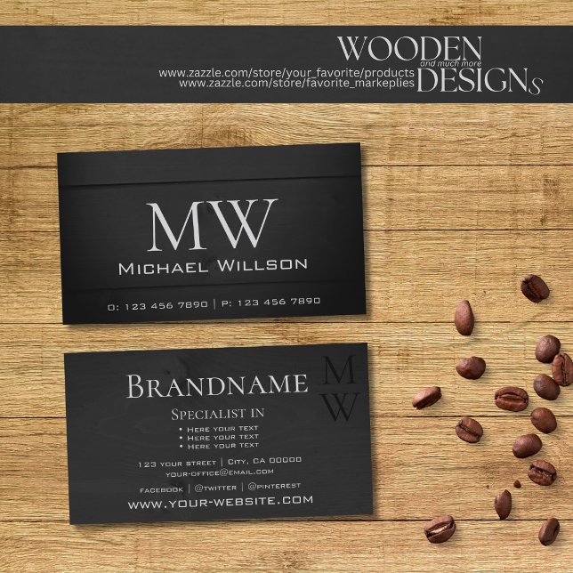 Natural Wood Grain Black Wooden Boards Monogram Business Card (Creator Uploaded)
