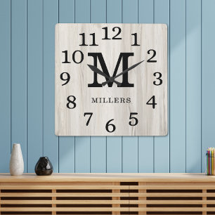 Natural Wood Large Numbers Family Name Monogram   Square Wall Clock