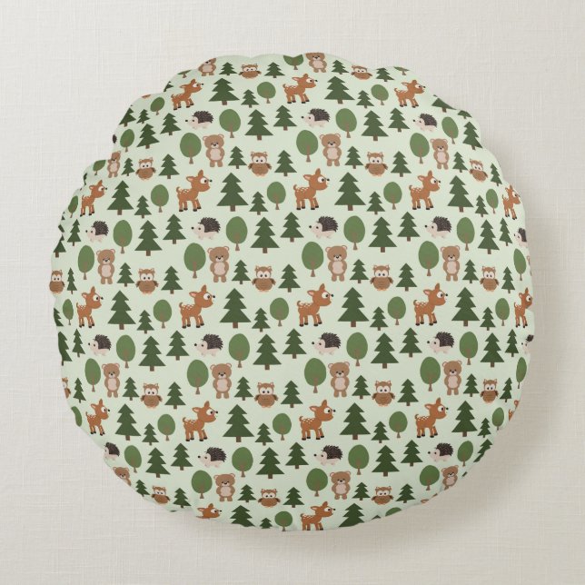 Natural Woodland Friends Baby Animals Trees Round Cushion (Front)