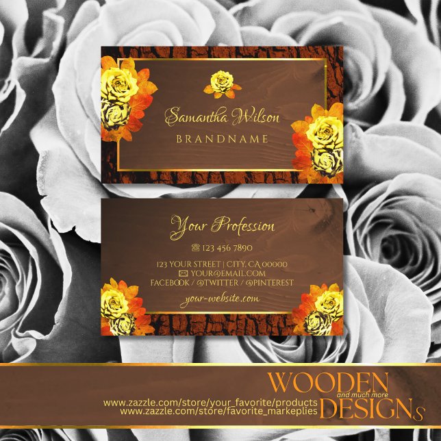 Natural Yellow Blooming Roses Wood Grain Tree Bark Business Card (Creator Uploaded)