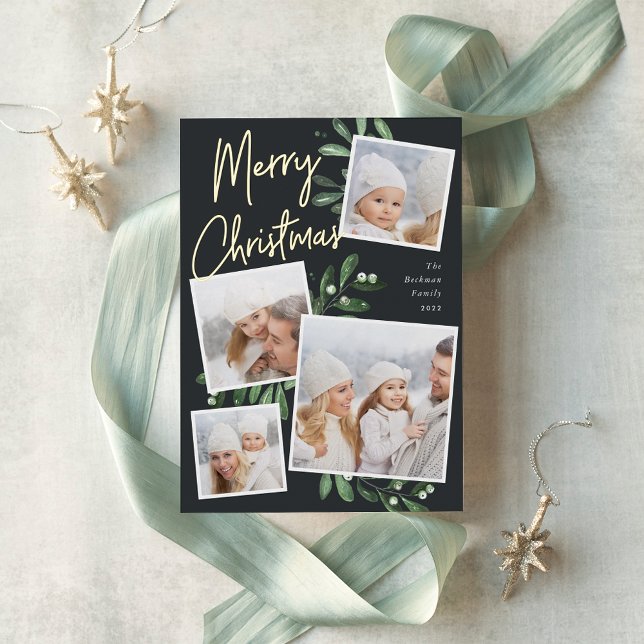 Naturally Joyful | Christmas Photo Collage Foil Holiday Card (Creator Uploaded)