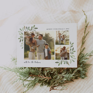Naturally Joyful   Elegant Watercolor 3 Photo Holiday Card