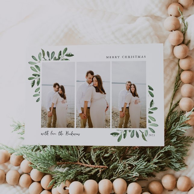 Naturally Joyful | Elegant Watercolor 3 Photo Holiday Card (Creator Uploaded)