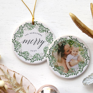 Naturally Joyful Very Merry Personalised Photo Ceramic Tree Decoration