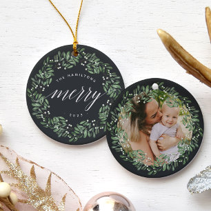 Naturally Joyful Very Merry Personalised Photo Ceramic Tree Decoration