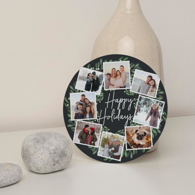 Naturally Joyful Watercolor Round Photo Collage Ho Holiday Card (Creator Uploaded)