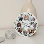 Naturally Joyful Watercolor Round Photo Collage Holiday Card<br><div class="desc">Send holiday greetings to friends and family in chic style with our elegant photo collage cards in a unique round shape. A wreath of dark green painted watercolor mistletoe frames eight of your favourite square photos arranged in a collage layout with "Season's Greetings" in the centre. Personalise the back with...</div>