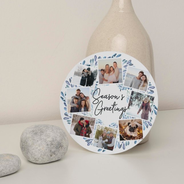 Naturally Joyful Watercolor Round Photo Collage Holiday Card (Creator Uploaded)