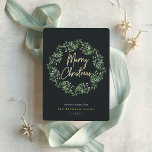 Naturally Joyful | Watercolor Wreath Christmas Foil Holiday Card<br><div class="desc">Send holiday greetings to friends and family in chic style with our elegant cards. A graceful wreath of soft green painted watercolor mistletoe frames the greeting "merry christmas" in gold foil hand lettered typography, with your custom message, names, and the year beneath. A simple and elegant non-photo design in festive,...</div>