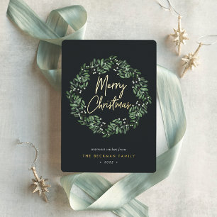 Naturally Joyful   Watercolor Wreath Christmas Foil Holiday Card