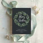 Naturally Joyful | Watercolor Wreath Christmas Holiday Card<br><div class="desc">Send holiday greetings to friends and family in chic style with our elegant cards. A graceful wreath of deep green painted watercolor mistletoe frames the greeting "merry christmas" in hand lettered typography, with your custom message, names, and the year beneath, on a soft off-black background. A simple and elegant non-photo...</div>