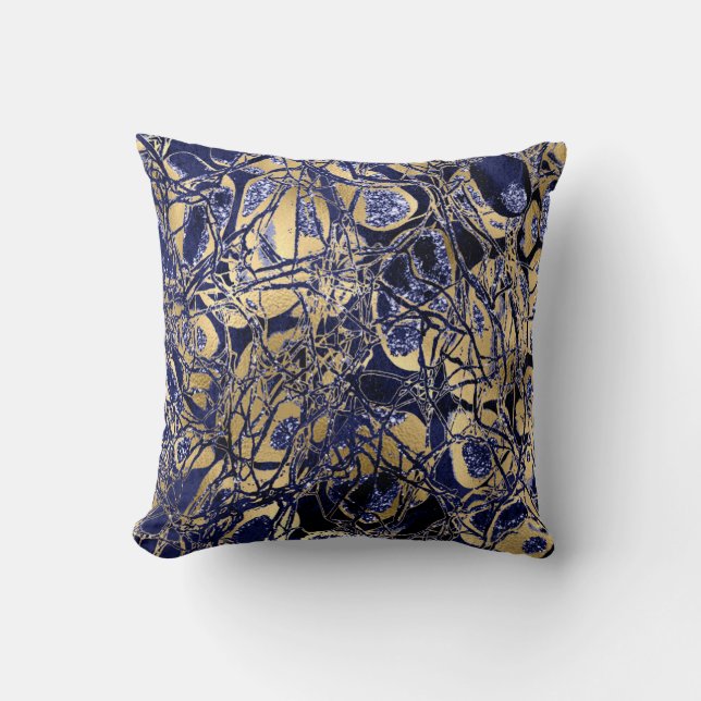 Nature Abstract Blue Navy Gold Celles Glitter Cushion (Front)