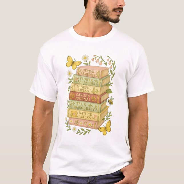 Nature and Book Lover Botanical Stack T-Shirt (Front)