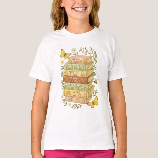 Nature and Book Lover Botanical Stack T-Shirt (Front)