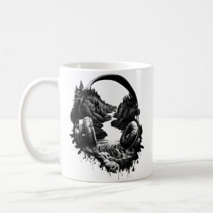 Nature and Music Headphones–Black and White Artist Coffee Mug