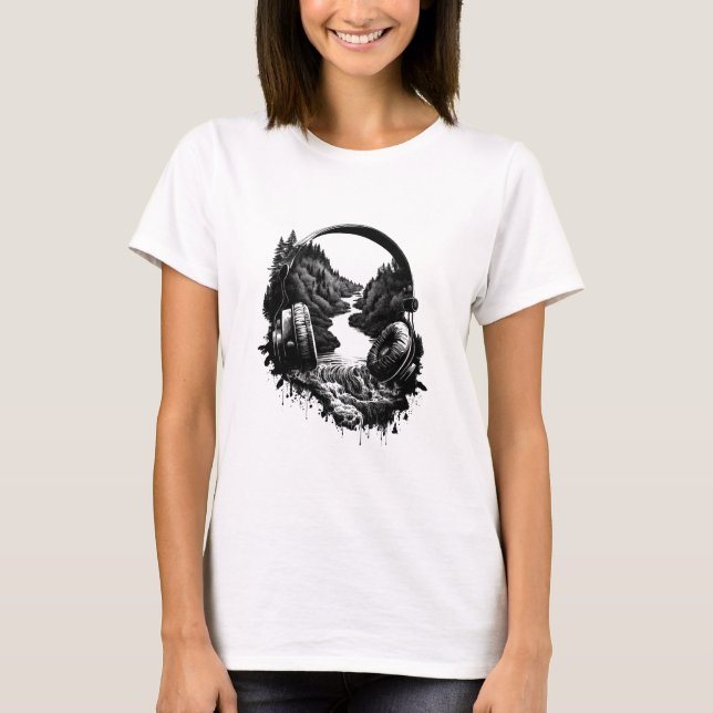 Nature and Music Headphones–Black and White Artist T-Shirt (Front)