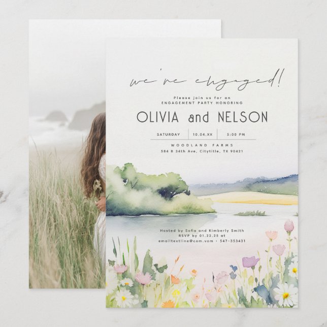 Nature and Wildflowers Engagement Party Photo  Invitation (Front/Back)