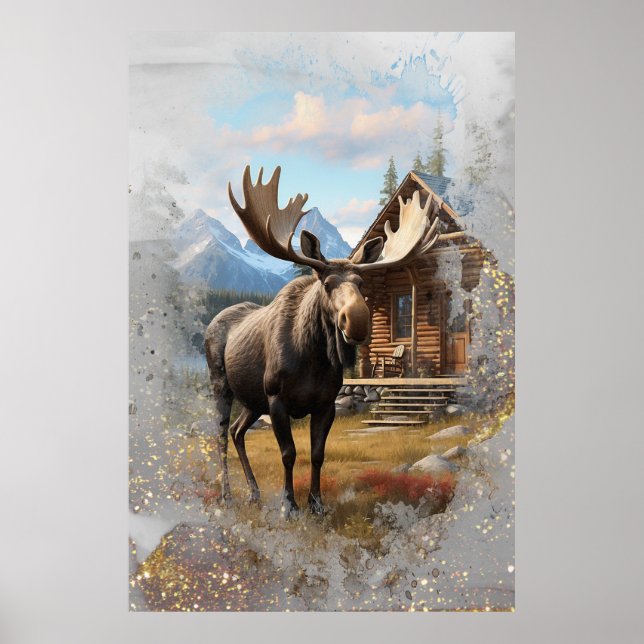 *~* Nature AP49 MOOSE Artsy Cabin Sparkle Sky Poster (Front)