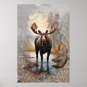 *~* Nature AP49 MOOSE Artsy Forest Stream Sparkle Poster