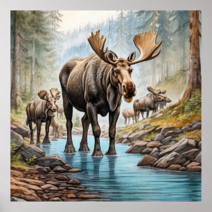 *~* Nature AP49 MOOSE HERD Forest STREAM Poster