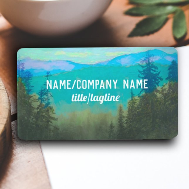 nature art mountains and pines teal and green business card (Creator Uploaded)