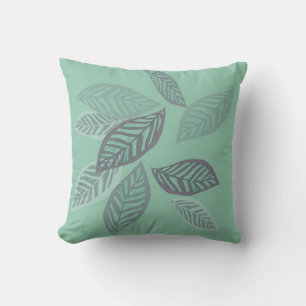 nature art stylised leaves on mint green pillow