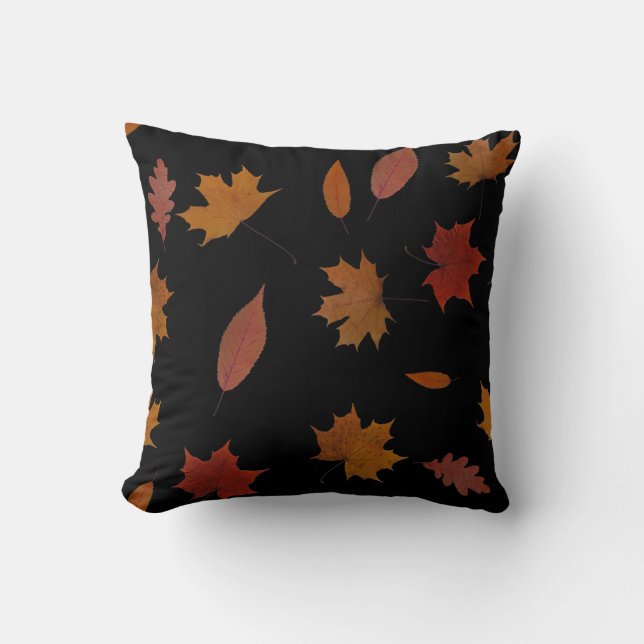 Nature Autumn Leaves on Black Custom Colour Cushion (Front)