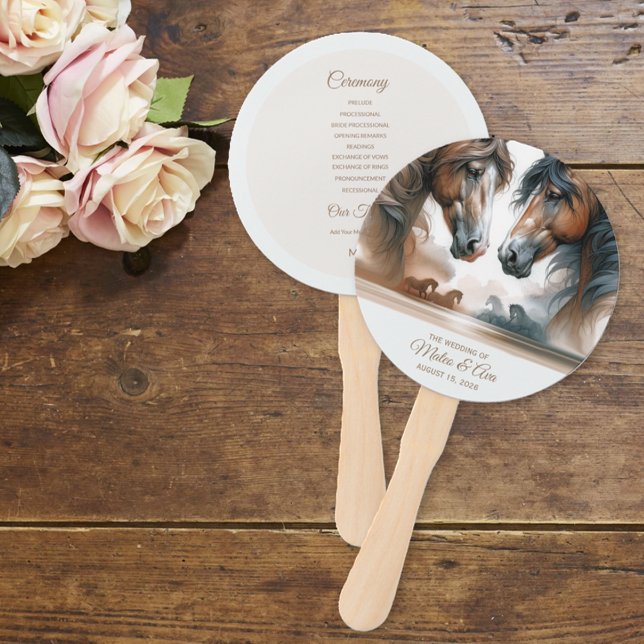 Nature Beautiful Brown Horses Wedding Program Hand Fan (Creator Uploaded)
