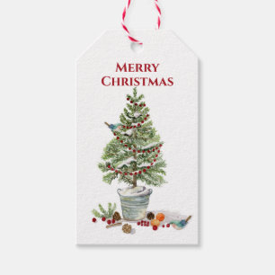 Nature Bird Christmas Tree Watercolor Rustic Plaid Gift Tags