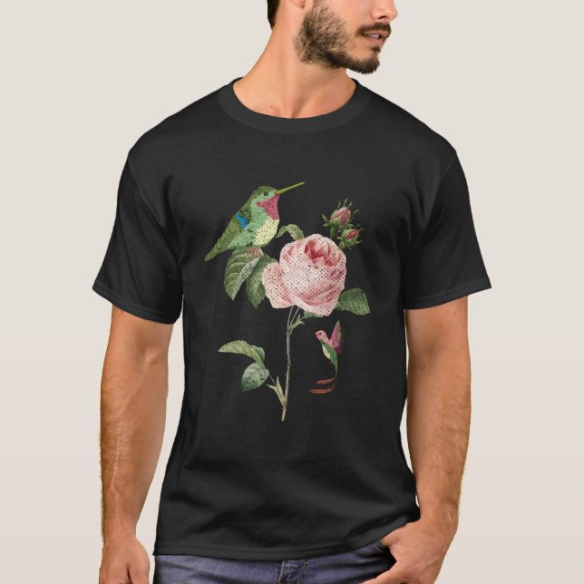 Nature Bird Flowers Roses Animal Hummingbird T-Shirt (Front)