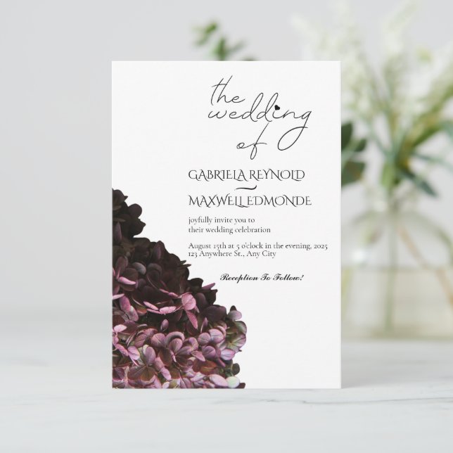Nature Black & White Hydrangea Wedding Invitation (Standing Front)