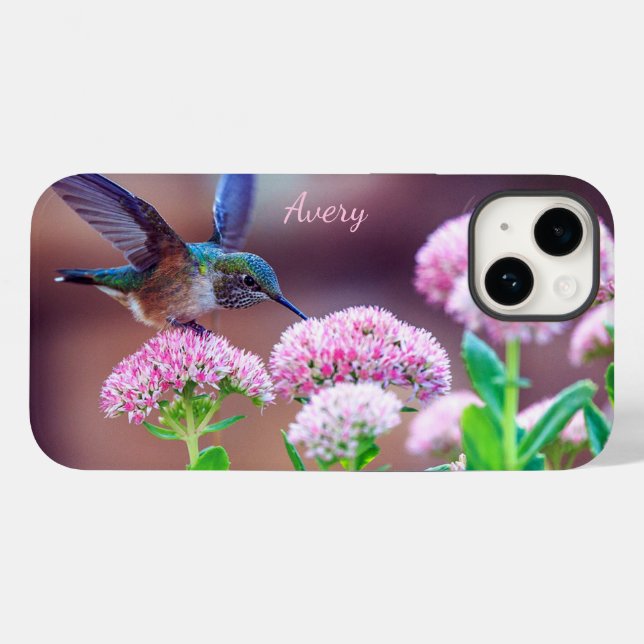 Nature Blue Hummingbird Pink Flowers Name Case-Mate iPhone Case (Back (Horizontal))