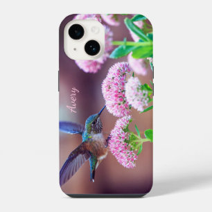 Nature Blue Hummingbird Pink Flowers Name iPhone 14 Case