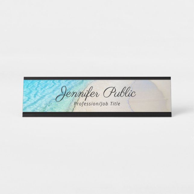 Nature Blue Sea Waves Sand Modern Template Desk Name Plate (Front)