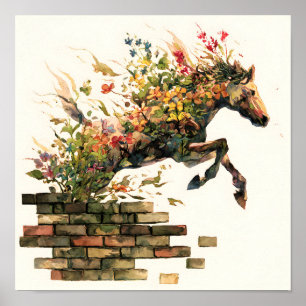 Nature Botanical Floral Horse Jumping Poster