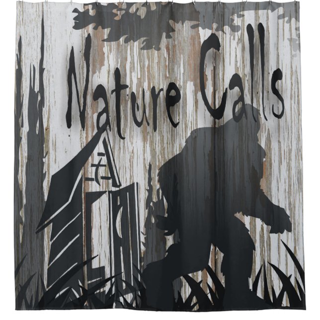 "Nature Calls" bigfoot print shower curtain (Front)