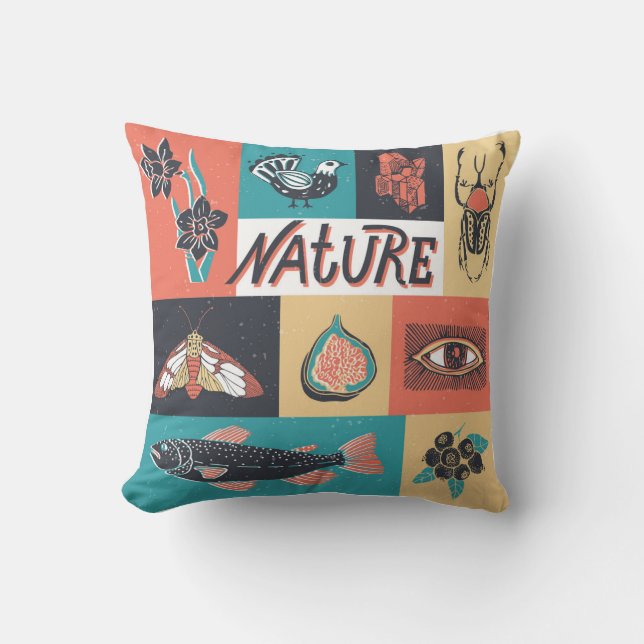 Nature Elements, Retro Style Icons. Cushion (Front)