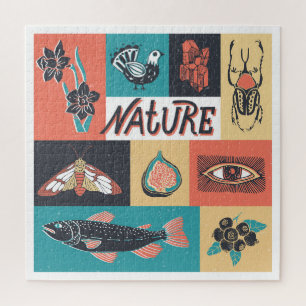 Nature Elements, Retro Style Icons. Jigsaw Puzzle