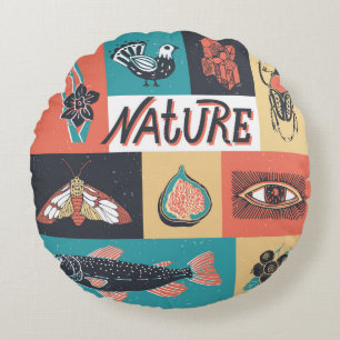 Nature Elements, Retro Style Icons. Round Cushion