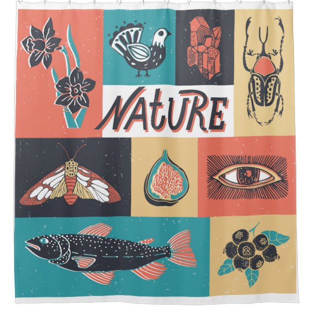 Nature Elements, Retro Style Icons. Shower Curtain (Front)