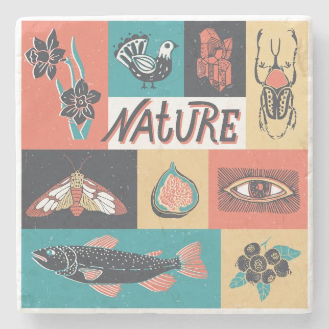 Nature Elements, Retro Style Icons. Stone Coaster (Front)