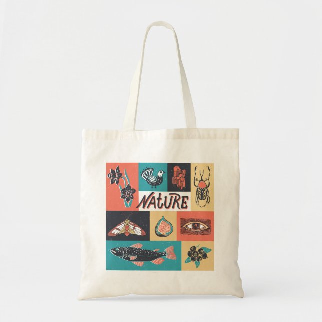 Nature Elements, Retro Style Icons. Tote Bag (Front)