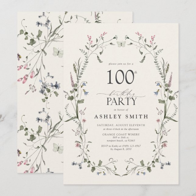 Nature Floral 100th Birthday Party Watercolor Invitation (Front/Back)