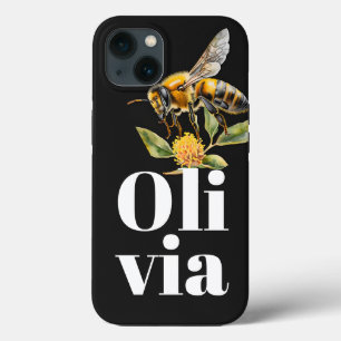 Nature Floral Bee Black Personalised Name iPhone 13 Case