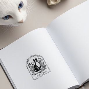 Nature Flowers Bookish Cat, Custom Bookplate Rubber Stamp