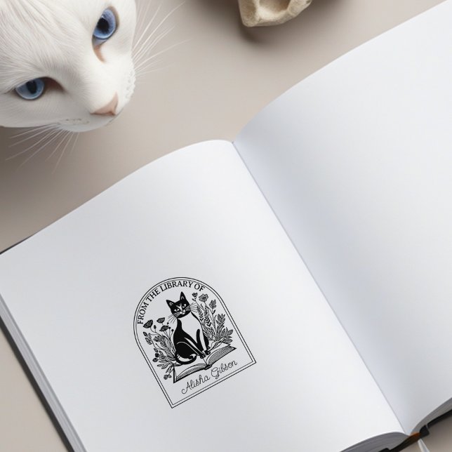 Nature Flowers Bookish Cat, Custom Bookplate  Rubber Stamp (Creator Uploaded)
