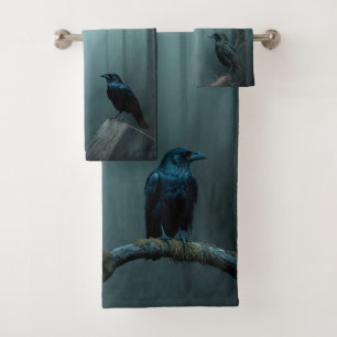 Nature Foggy Forest Bird Ravens and Crows Bath Towel Set