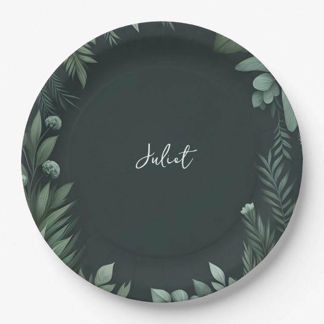 Nature Garden Plant Dark Green Bridal Shower Paper Plate (Front)
