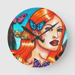 Nature Girl Butterflies original fantasy art Canva Round Clock