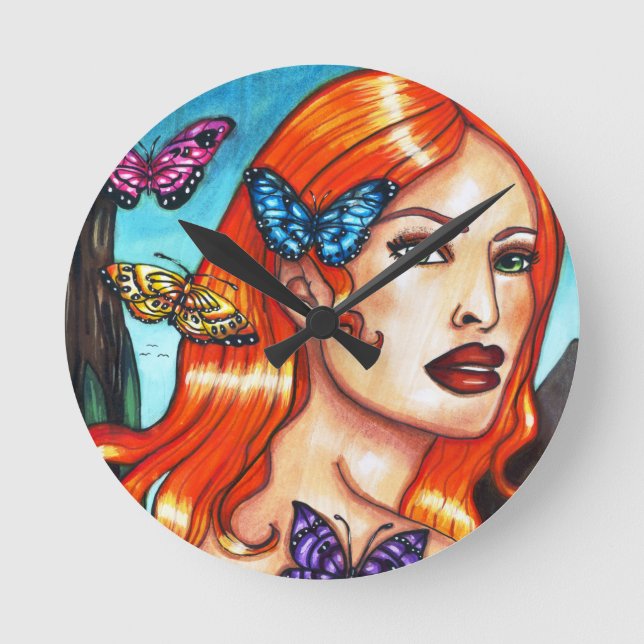 Nature Girl Butterflies original fantasy art Canva Round Clock (Front)